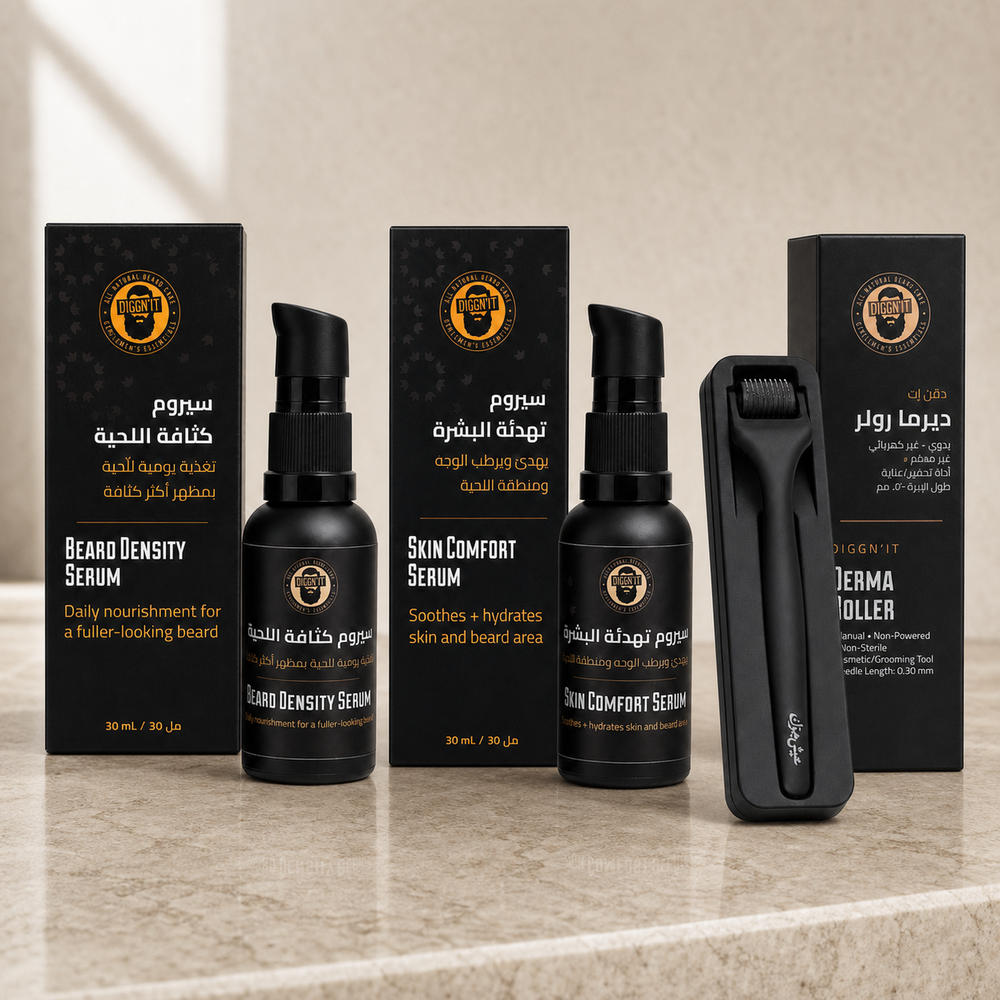 Complete Diggn'It Beard Density Routine Bundle with two distinct 30 mL serums and 0.30 mm Derma Roller on warm limestone