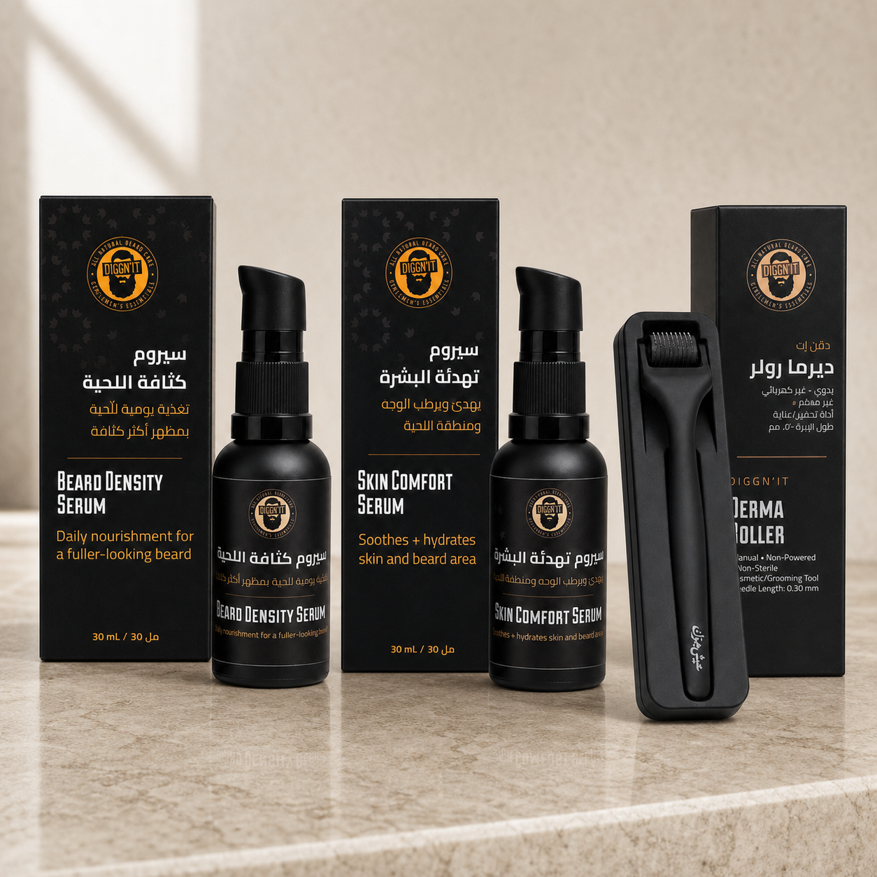 Complete Diggn'It Beard Density Routine Bundle with two distinct 30 mL serums and 0.30 mm Derma Roller on warm limestone