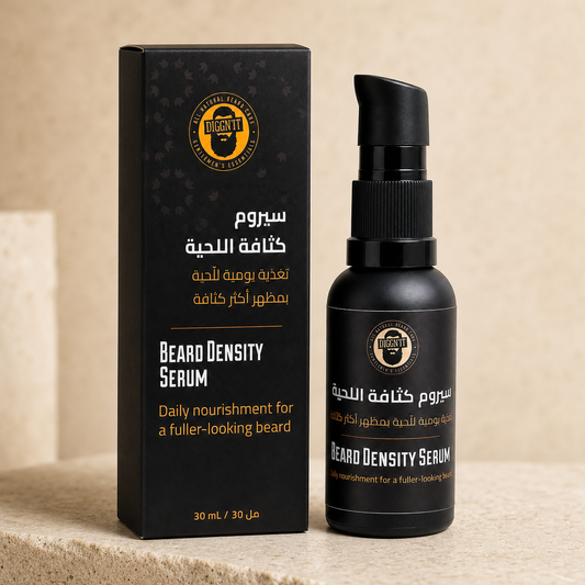 Diggn'It Beard Density Serum 30 mL bottle and carton in a restrained premium hero scene