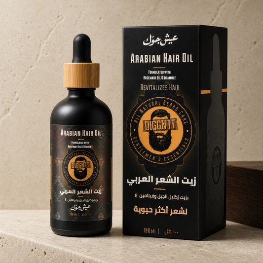 Diggn'It Arabian Hair Oil bottle and carton on a warm mineral surface