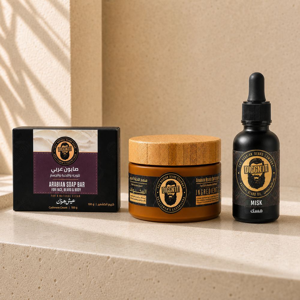 Wash + Condition + Nourish Kit with Cashmere Cream Arabian Soap Bar carton, Beard Softener, and Misk Arabian Beard Oil