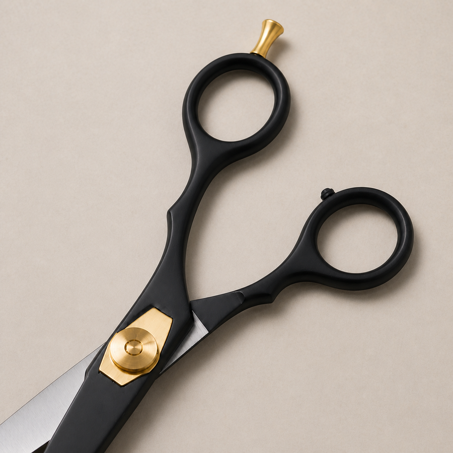 Close view of the black blades, gold pivot and finger rest on Diggn'It scissors
