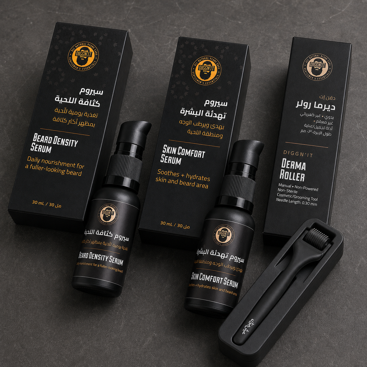 Complete Diggn'It Beard Density Routine Bundle contents in a dark-stone material detail composition
