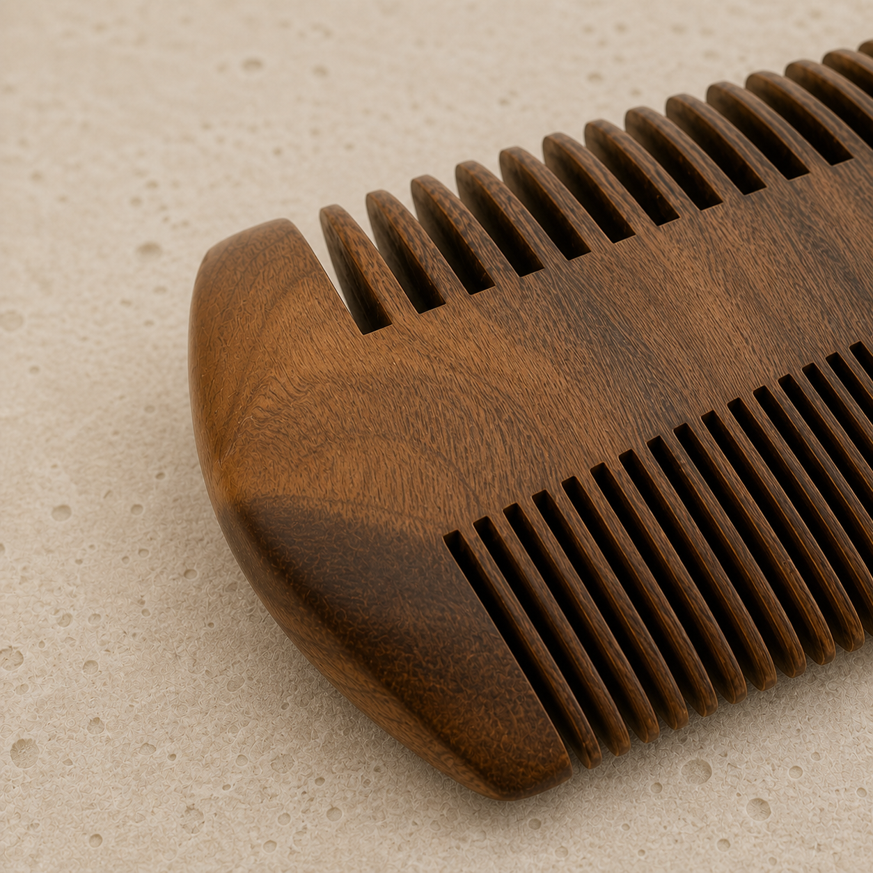Close view of the sandalwood grain and coarse and fine beard-comb teeth