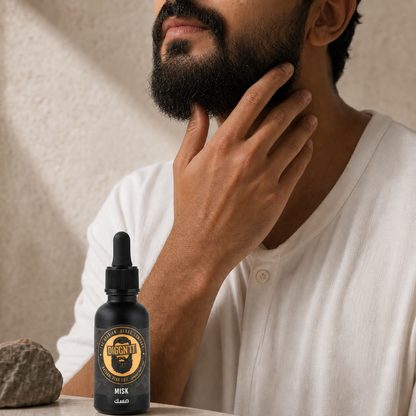 Man touching his beard beside Diggn'It Misk Arabian Beard Oil