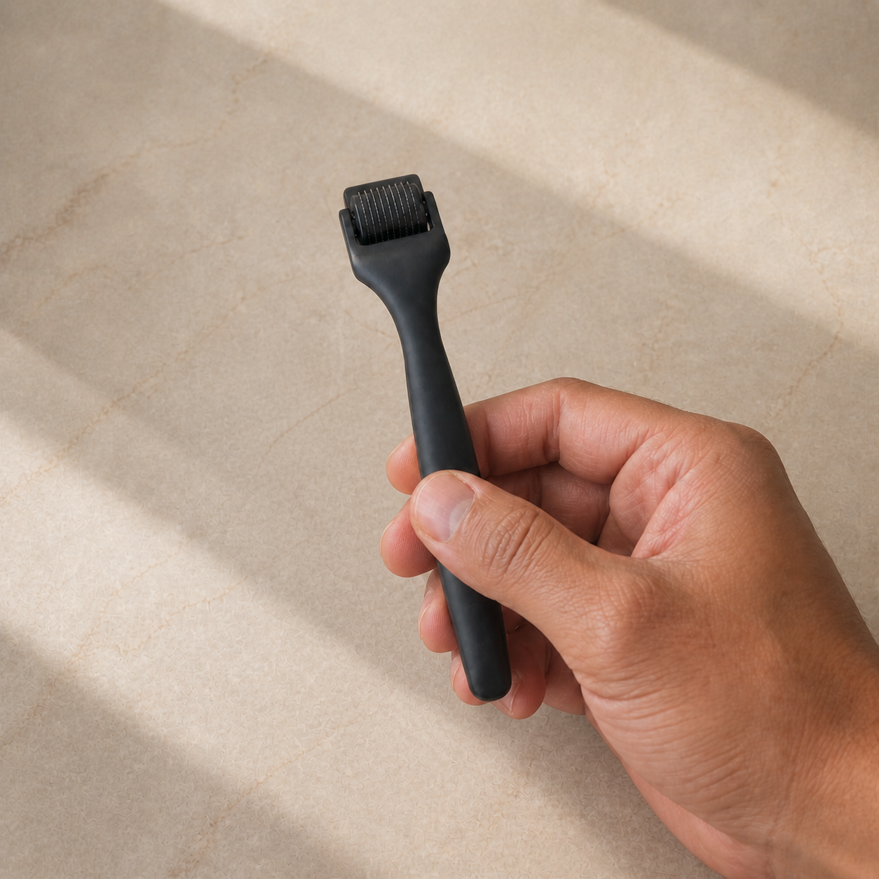 A hand holding the Diggn'It Derma Roller gently by its black handle