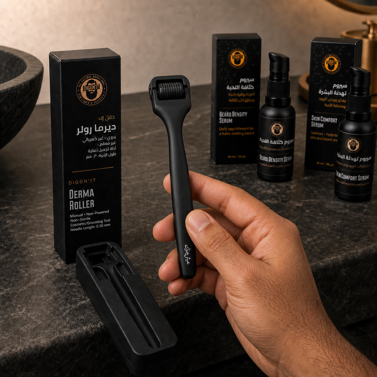 A hand holding the Diggn'It Derma Roller above its single protective tray with both closed serums kept separate