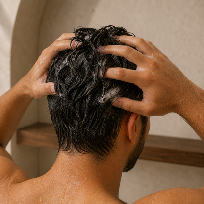 A man gently working restrained shampoo lather through wet hair