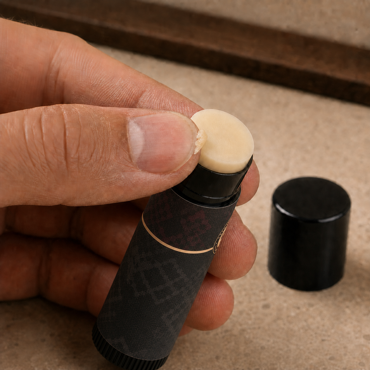 A thumbnail picking up a very small amount of Natural Mustache Wax