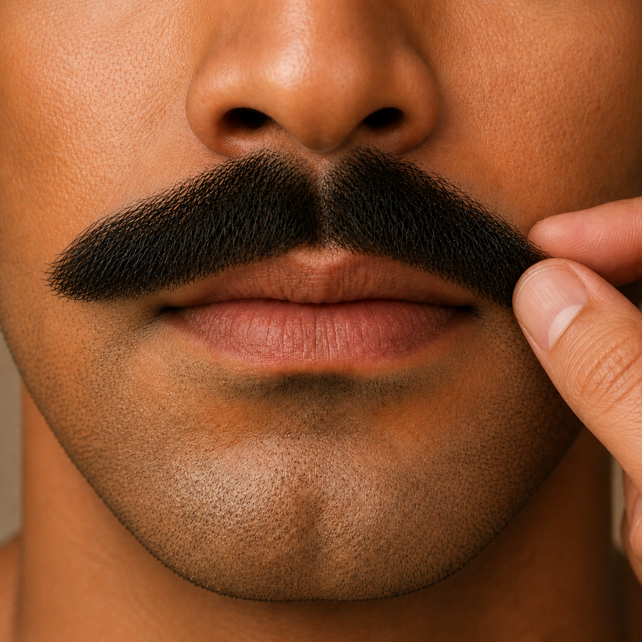 A man gently smoothing mustache wax outward through his mustache