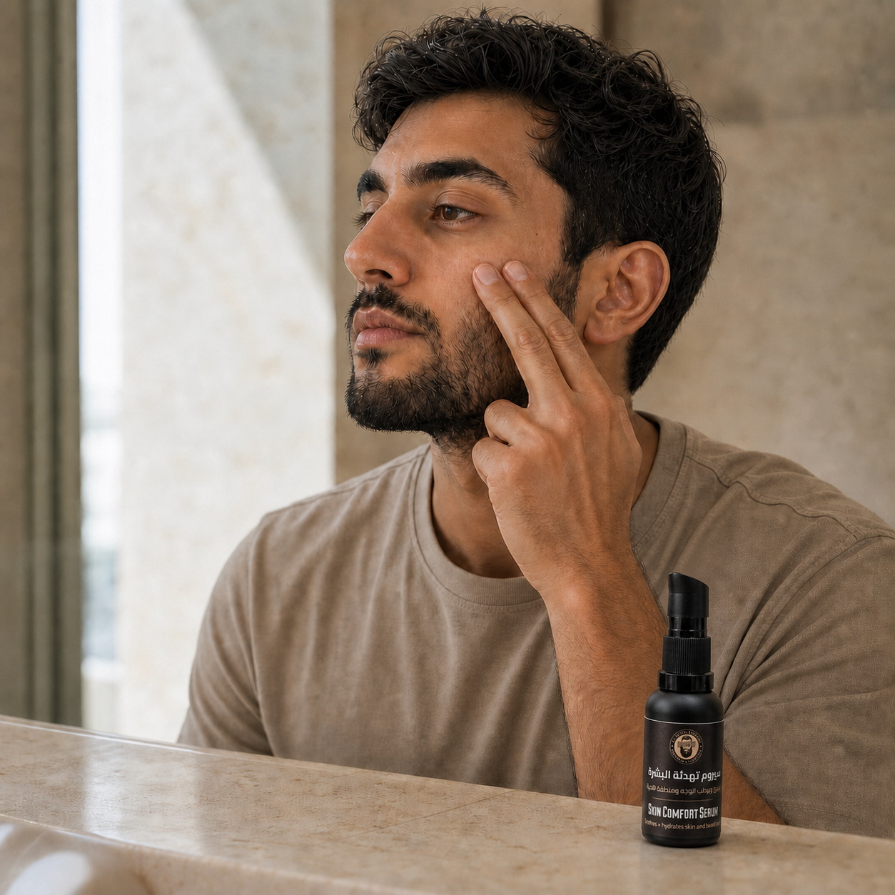 Two fingertips applying Skin Comfort Serum to intact face and beard-area skin