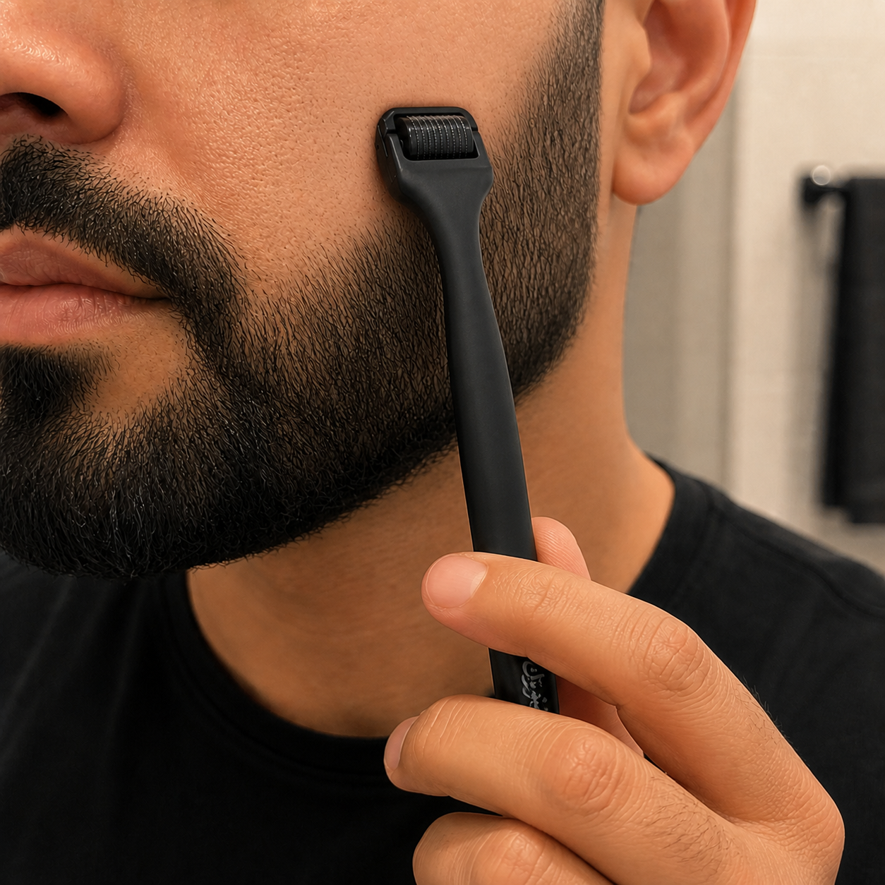 Diggn'It Derma Roller making light contact with clean intact cheek skin in a separate routine session