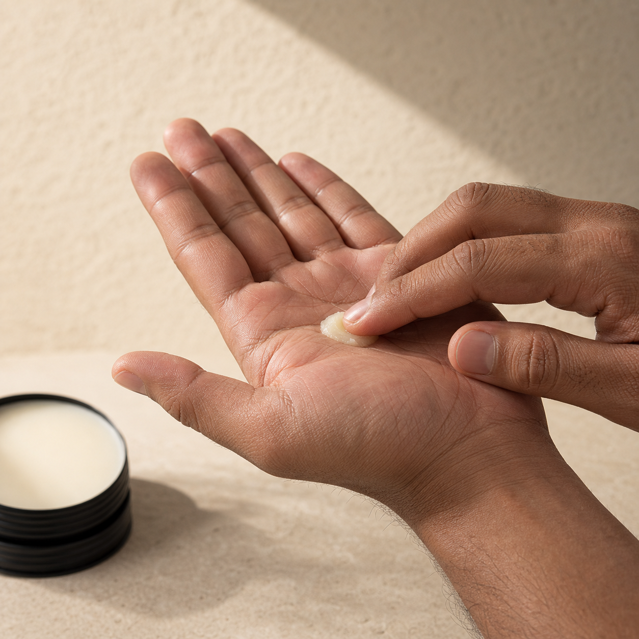 A small amount of beard balm being warmed between the hands