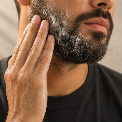 Man applying a light Arabian Soap Bar lather through the beard
