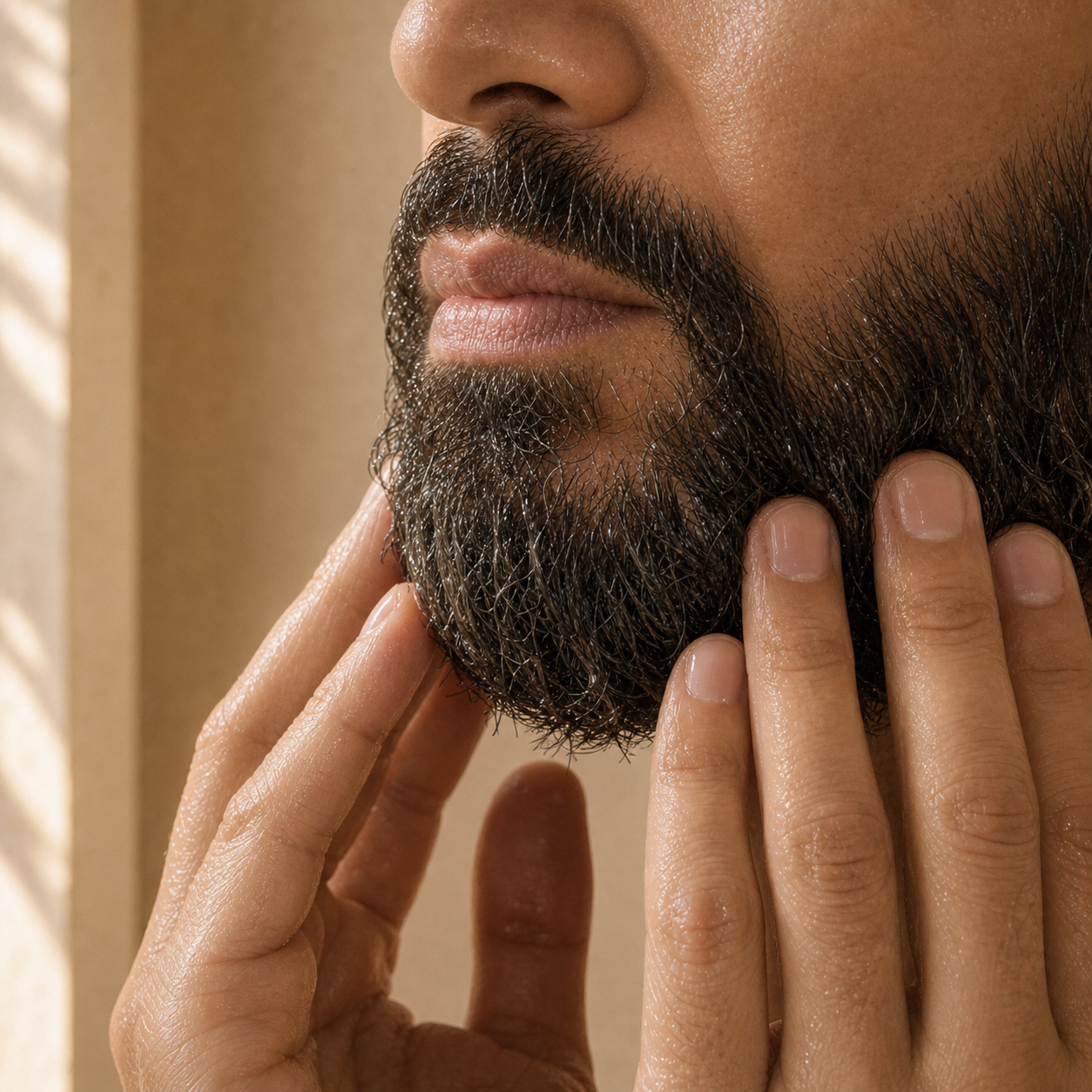 Man applying Beard Softener through a damp beard in the shower
