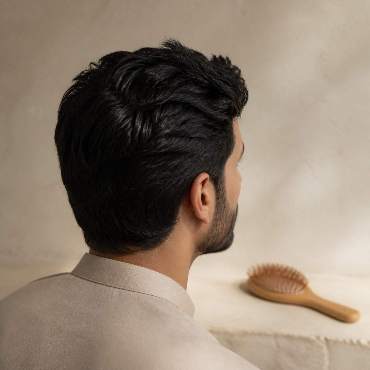 Naturally groomed hair with the bamboo hair brush resting nearby