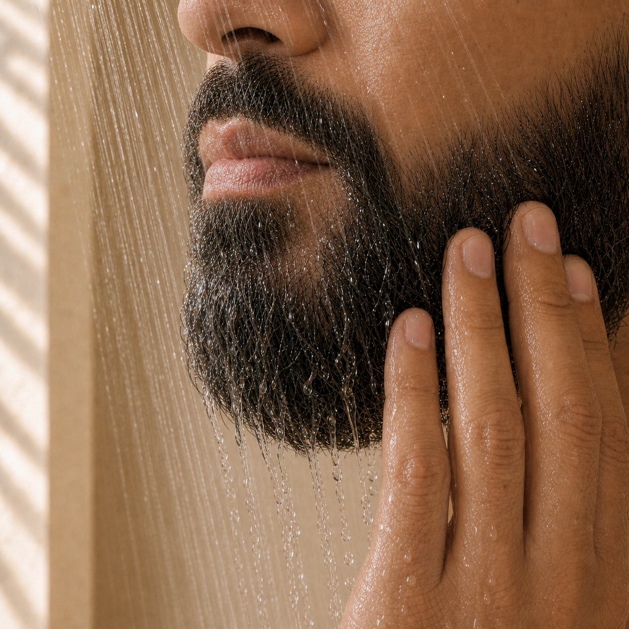 Shower water rinsing through a damp beard