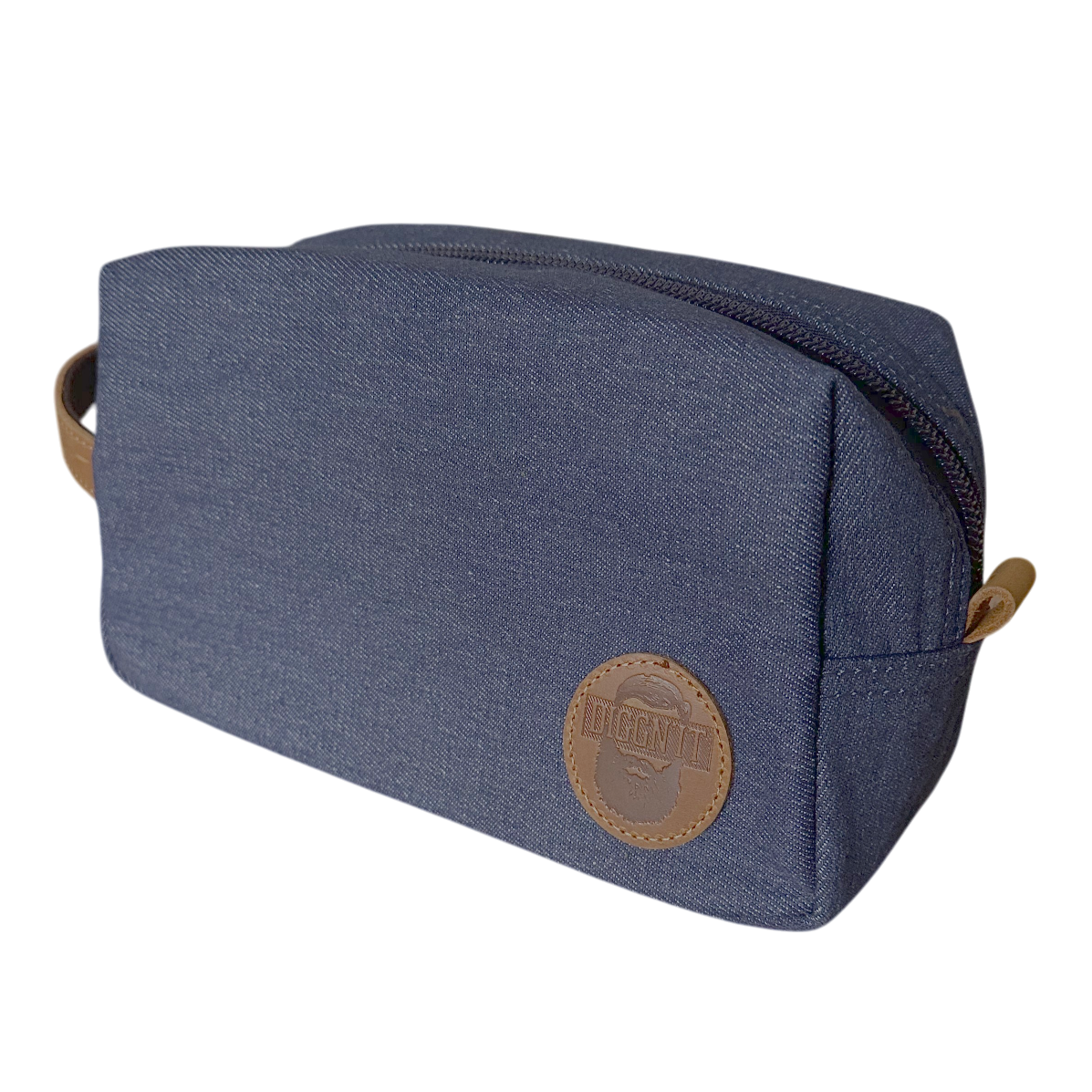 Blue toiletry bag with a brown leather patch on a white background