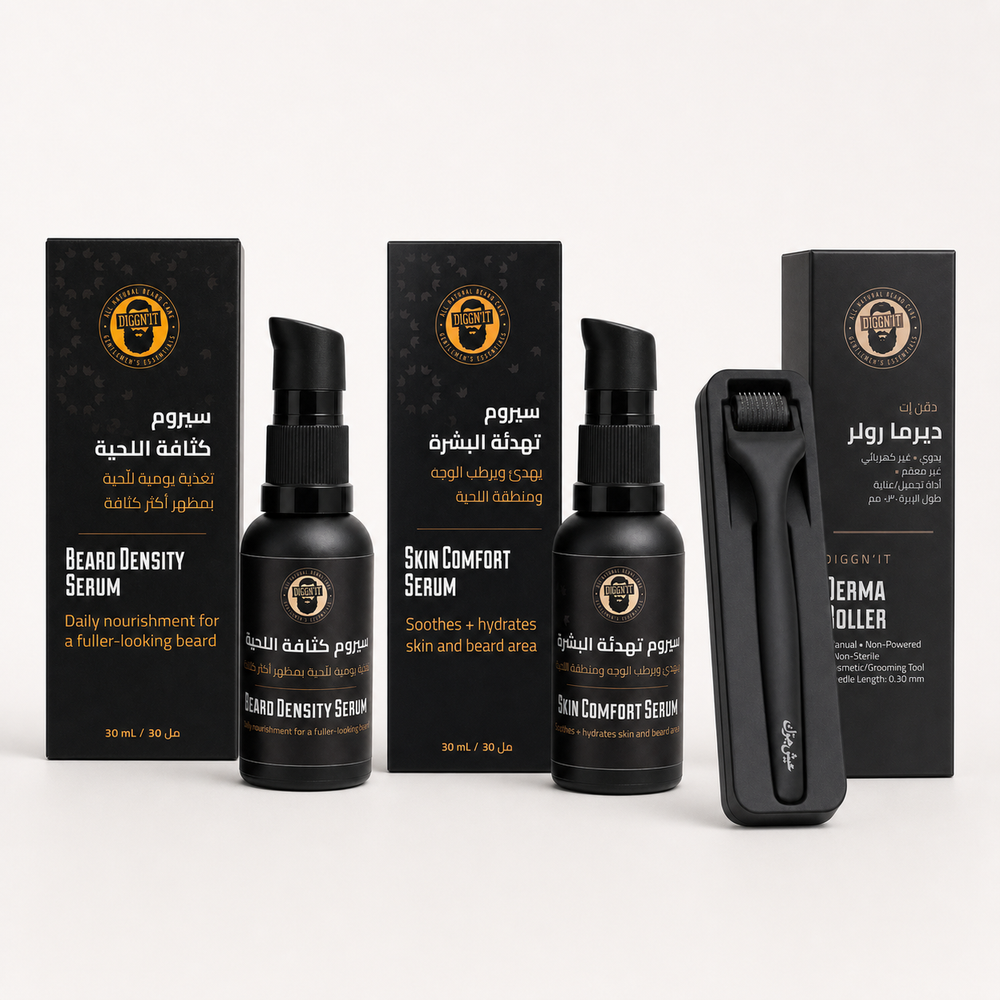 Complete Diggn'It Beard Density Routine Bundle with both serums and Derma Roller on a clean white ecommerce background