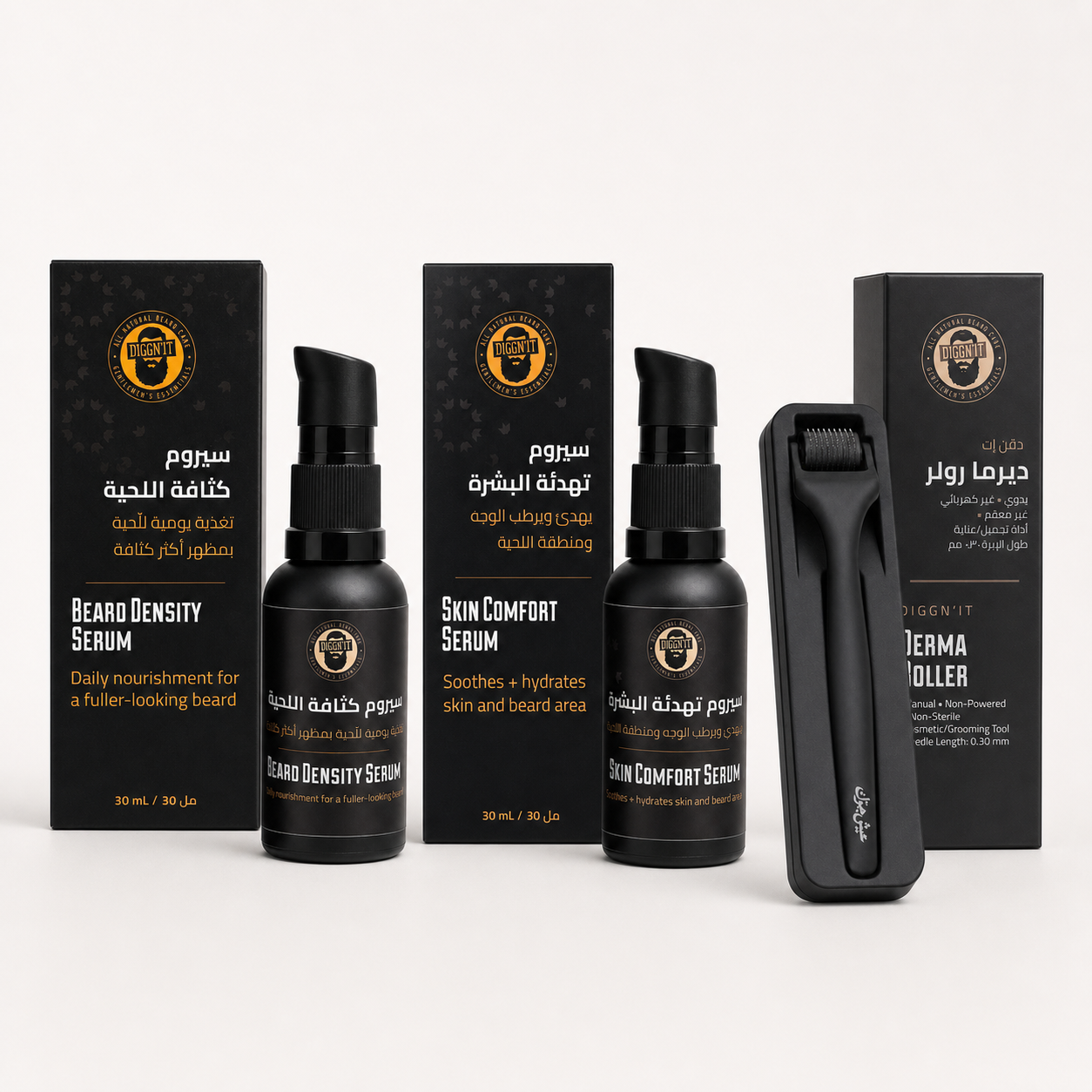 Diggn'It Beard Density Routine Bundle with Beard Density Serum, Skin Comfort Serum, and Derma Roller 0.30 mm