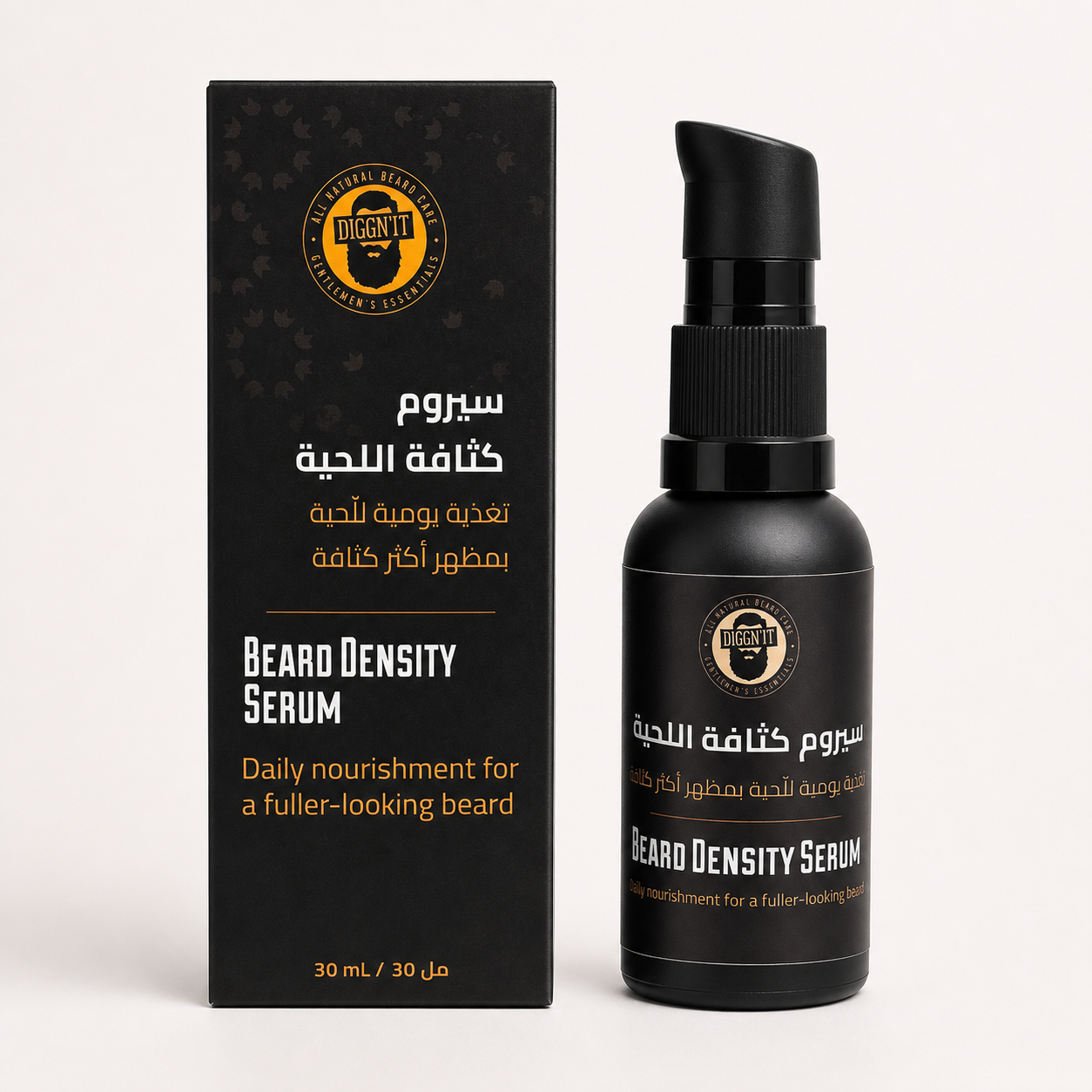 Diggn'It Beard Density Serum bottle and bilingual retail box included in the routine bundle