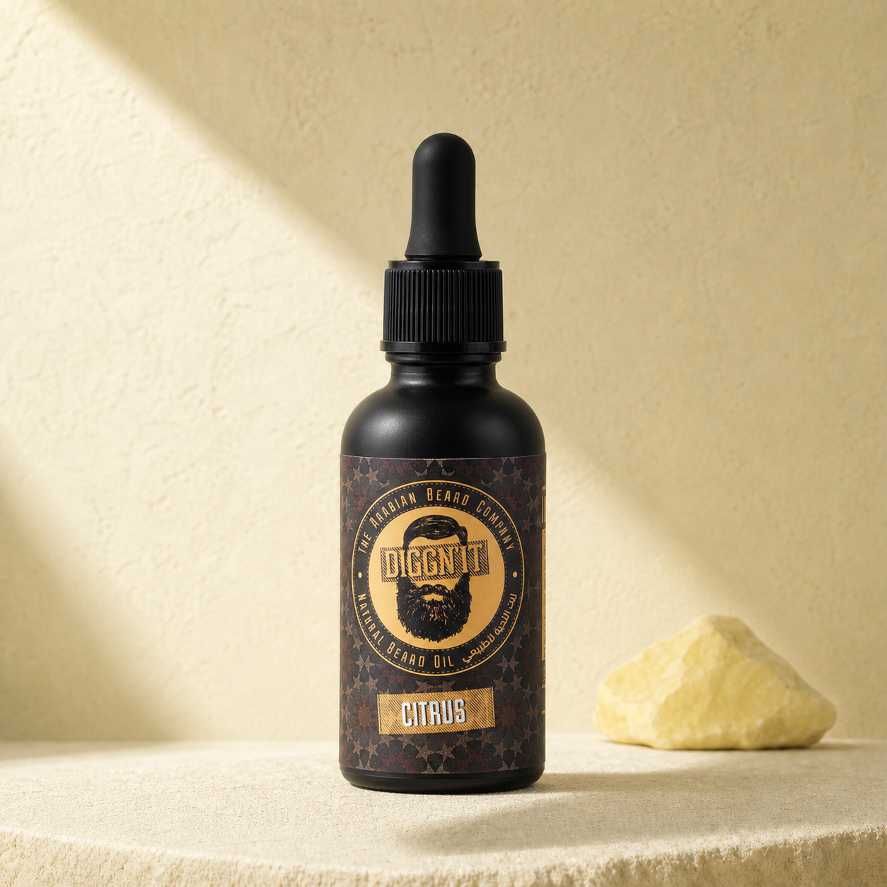 Diggn'It Citrus Arabian Beard Oil bottle on a bright ivory mineral backdrop