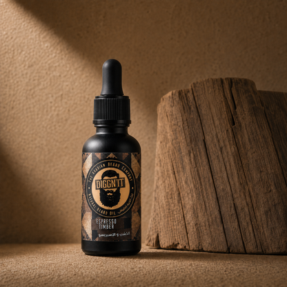 Diggn'It Espresso Timber Arabian Beard Oil bottle beside weathered timber