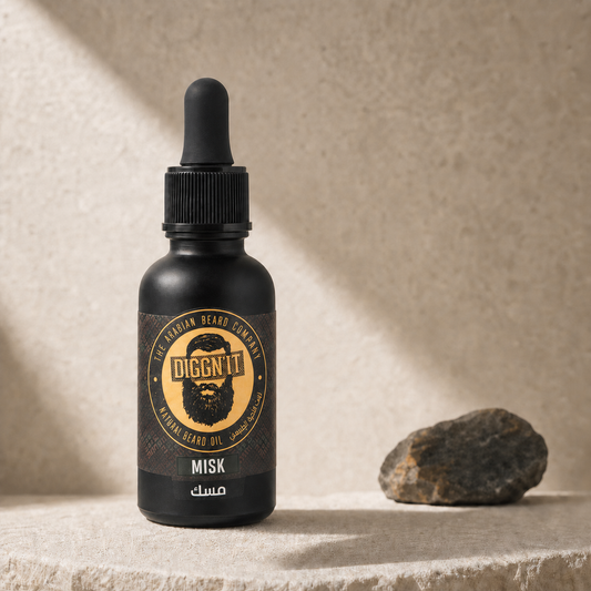 Diggn'It Misk Arabian Beard Oil bottle on a warm ivory mineral backdrop