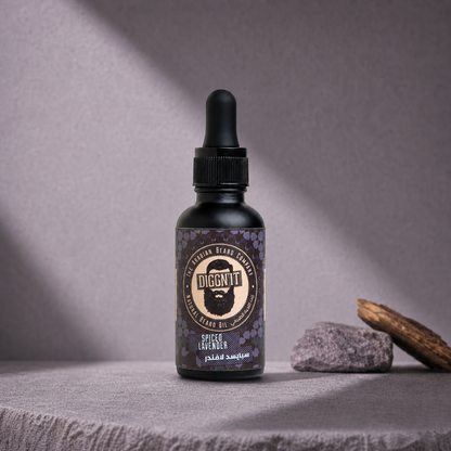 Diggn'It Spiced Lavender Arabian Beard Oil bottle on a muted lavender backdrop