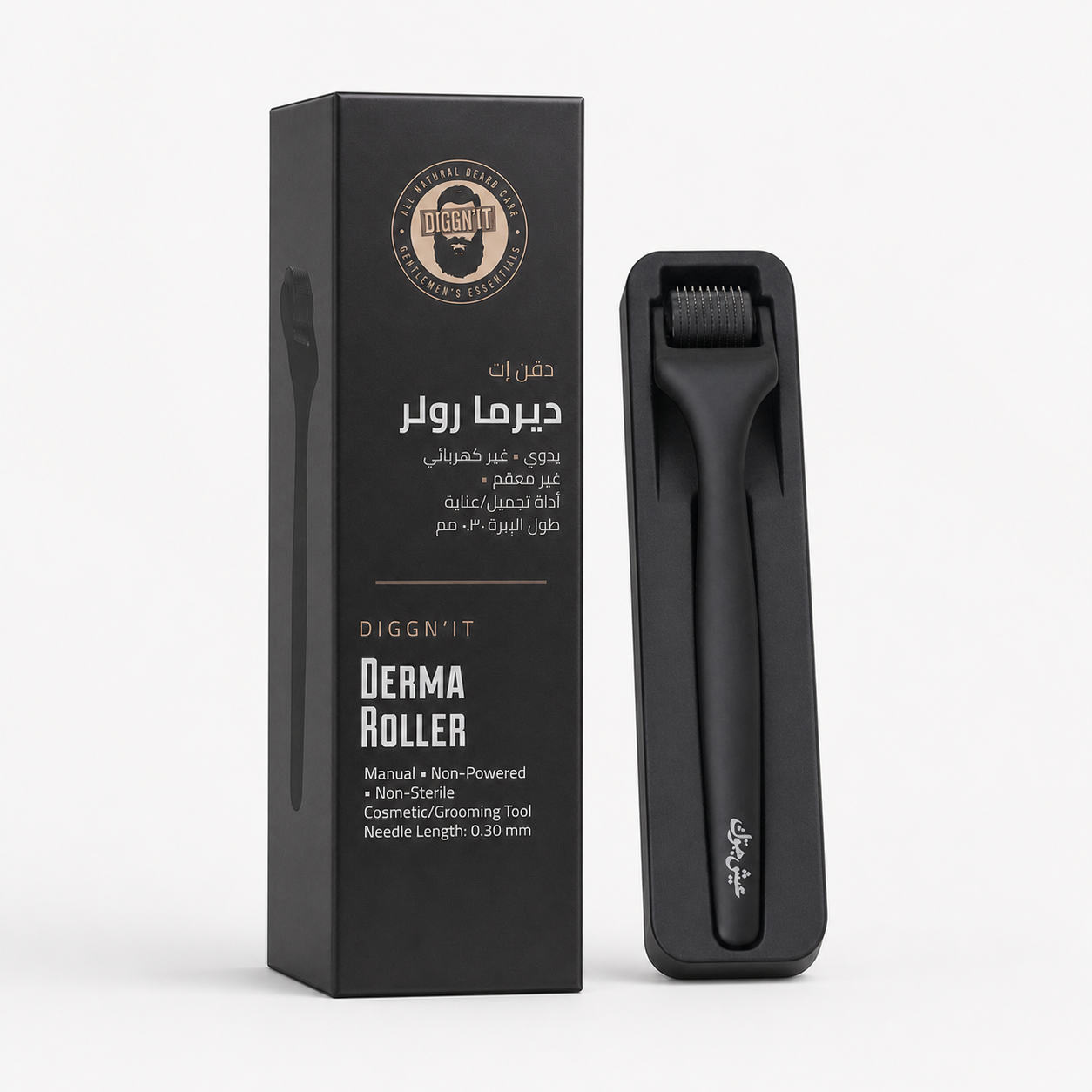 Diggn'It Derma Roller, protective tray, and bilingual retail box included in the routine bundle