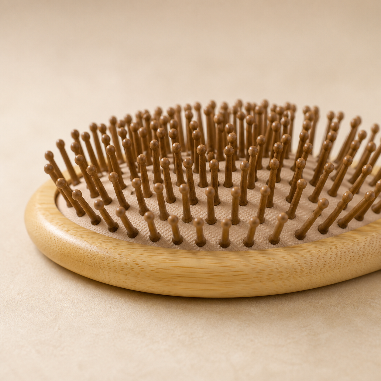 Close-up of the rounded pins, cushion, and bamboo rim of the Eco-Friendly Bamboo Hair Brush