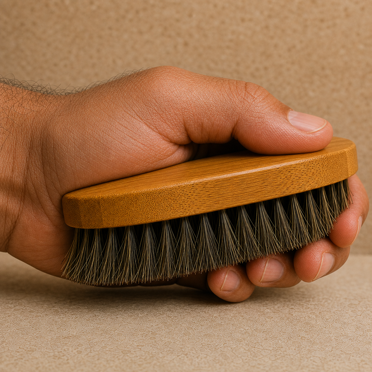 Bamboo Beard Brush held in a natural full-hand grip