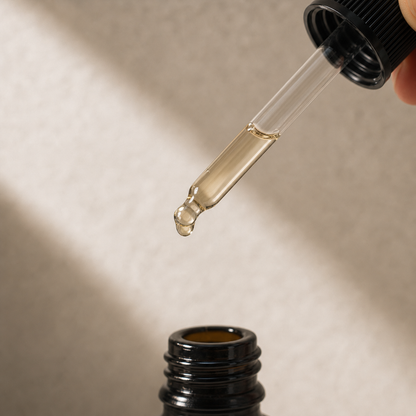 Beard oil texture on a glass pipette above an open bottle