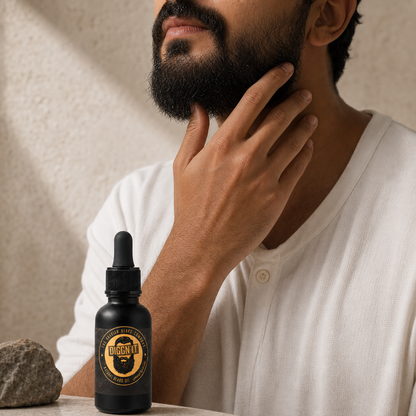 Man applying Diggn'It Arabian Beard Oil to his beard
