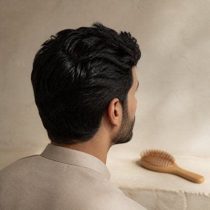 Naturally groomed hair with the Eco-Friendly Bamboo Hair Brush resting nearby