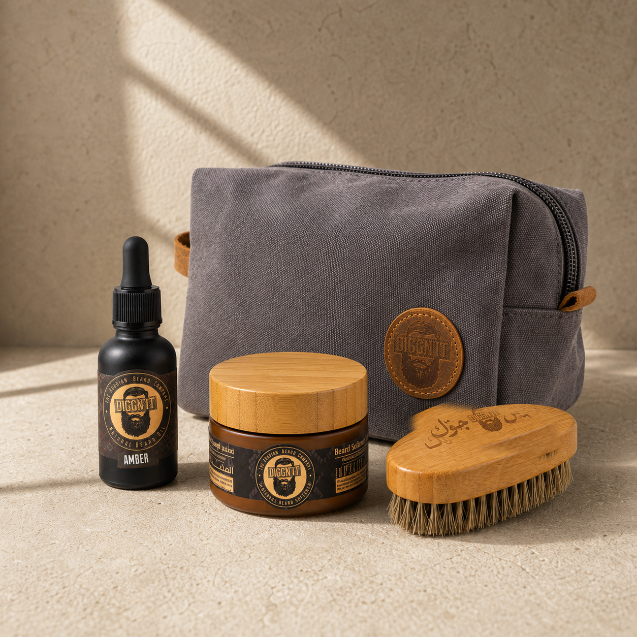 Diggn’It Giftable No-Brainer Kit with Amber scent and Canvas Grey travel bag