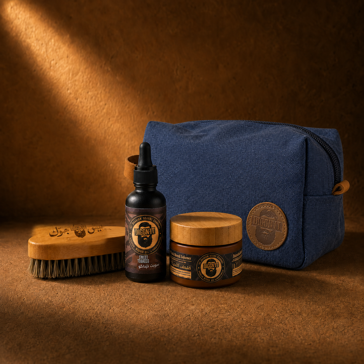 Diggn’It Giftable No-Brainer Kit with Sweet Tobacco scent and Denim travel bag