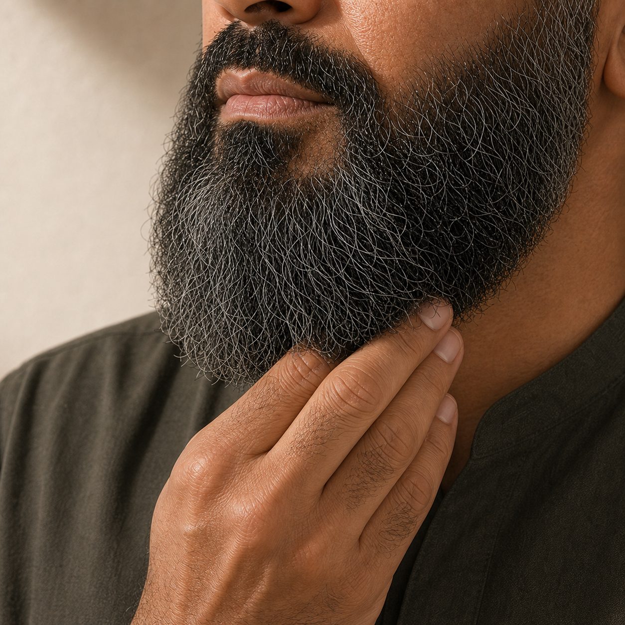 Man applying beard balm through a salt-and-pepper beard