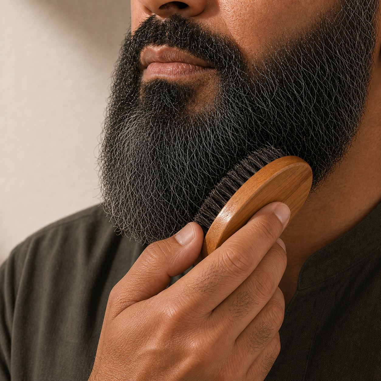 Man shaping a salt-and-pepper beard with the bamboo beard brush