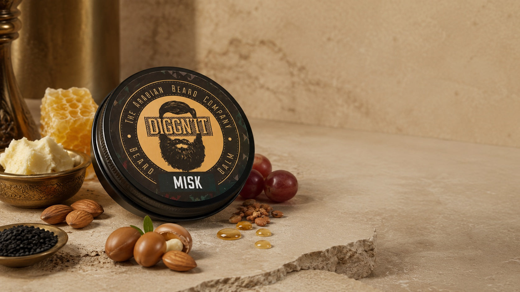 DiggnIt beard balm with beeswax, shea butter, almond, argan, grape seed, and black seed