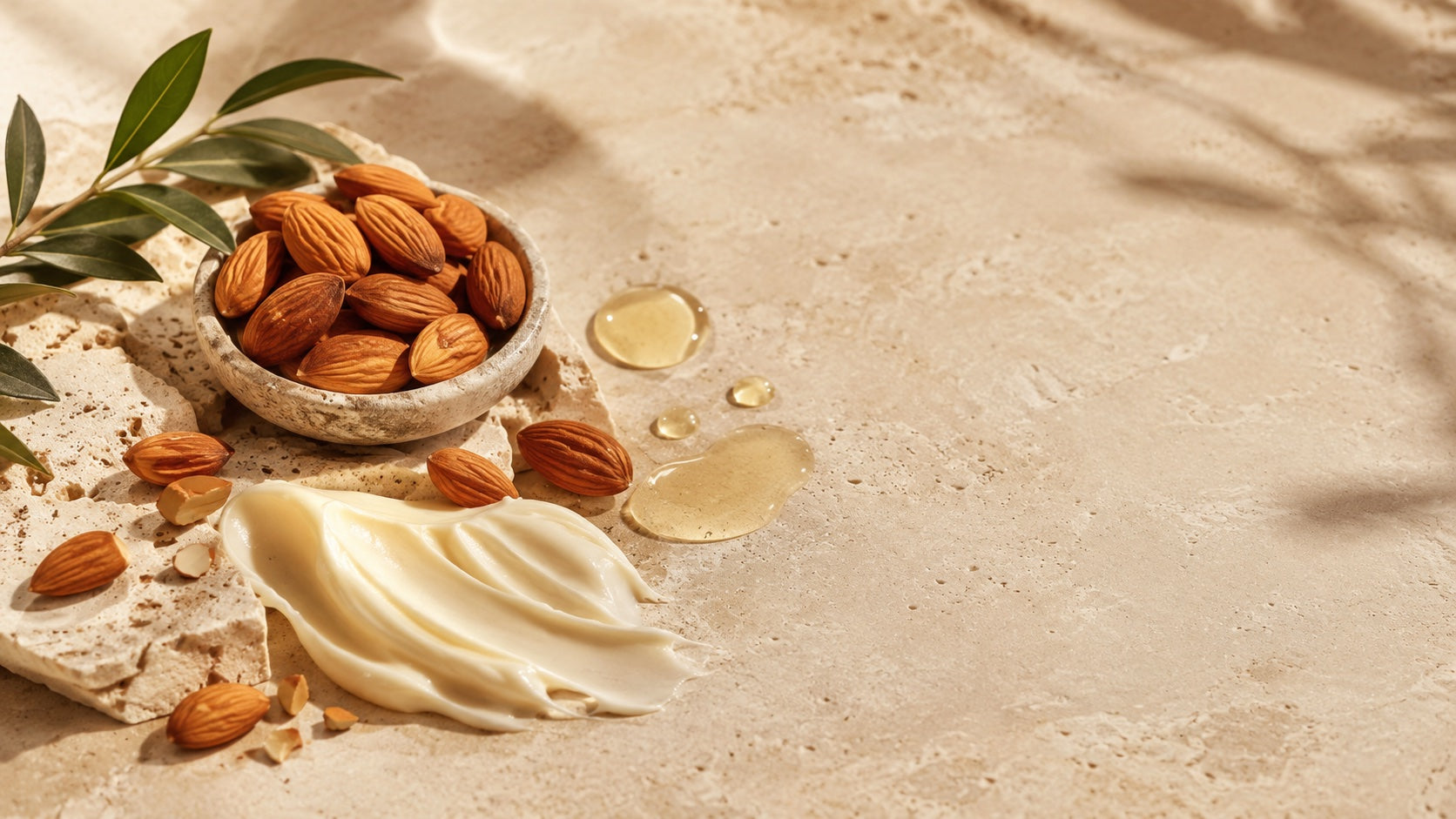 Almonds, almond oil, and creamy texture on stone