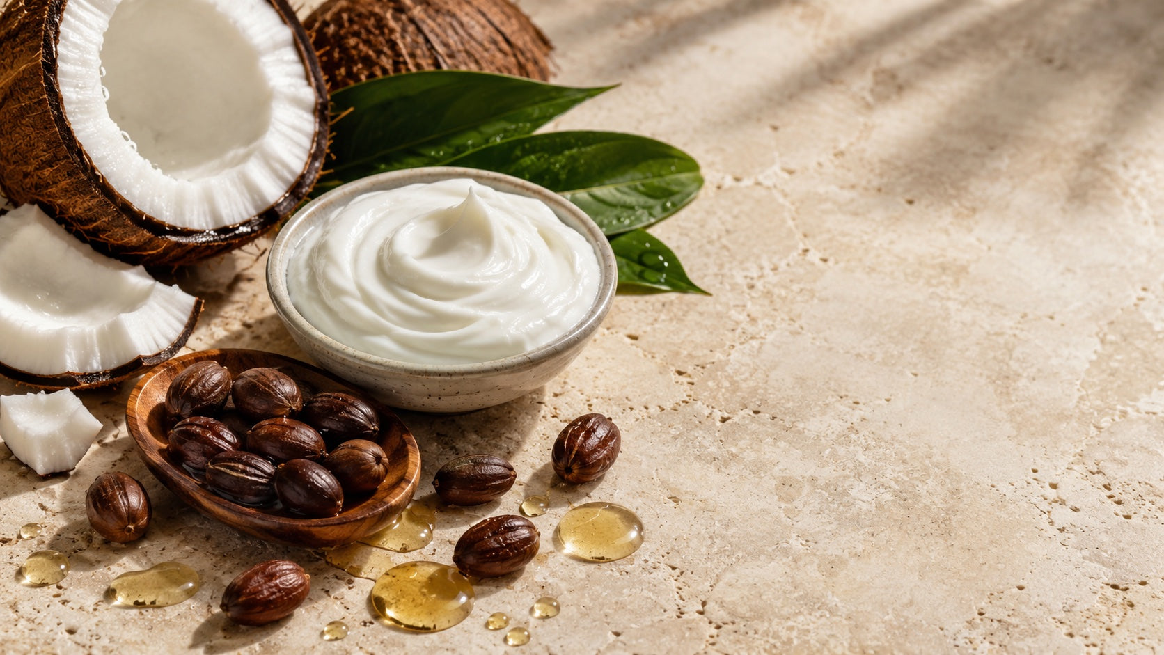 Jojoba, coconut, creamy conditioner, and oil droplets on stone