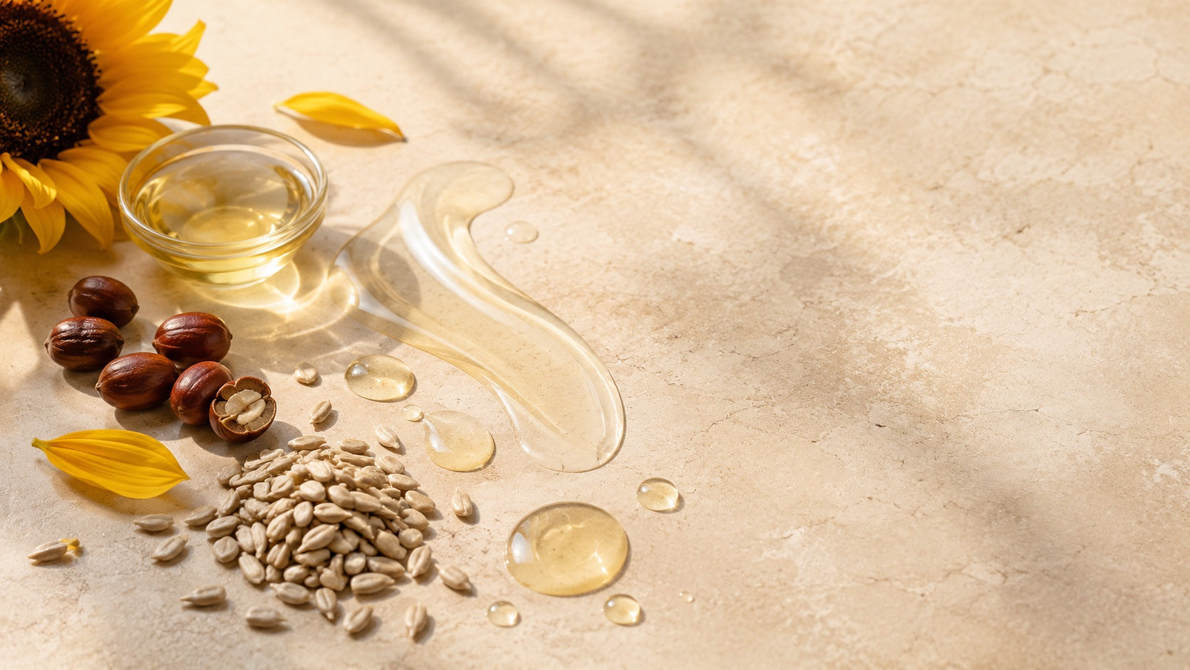 Light oil with jojoba seeds and sunflower seeds on a stone surface
