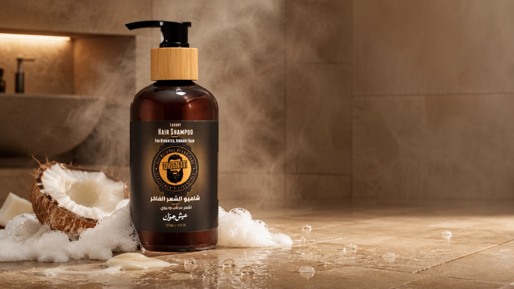 DiggnIt Luxury Hair Shampoo MISK with lather, coconut, water trails, and droplets
