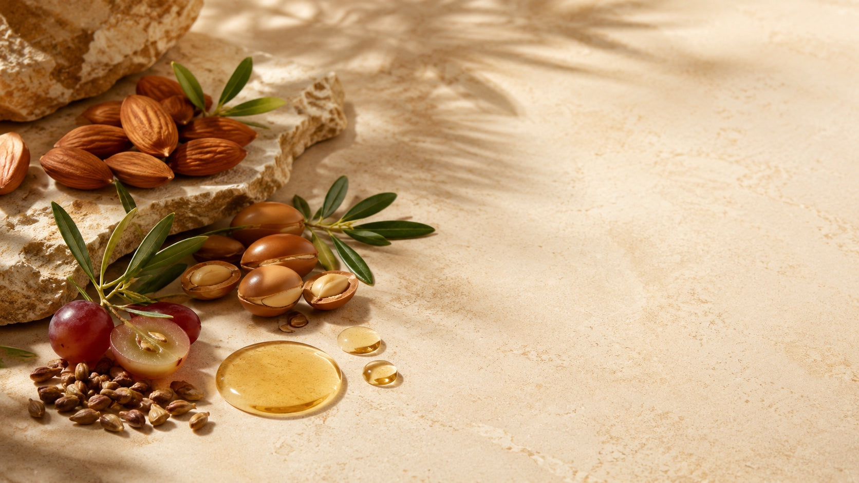 اللوز والأرغان وبذور العنب مع قطرات زيت على سطح حجري