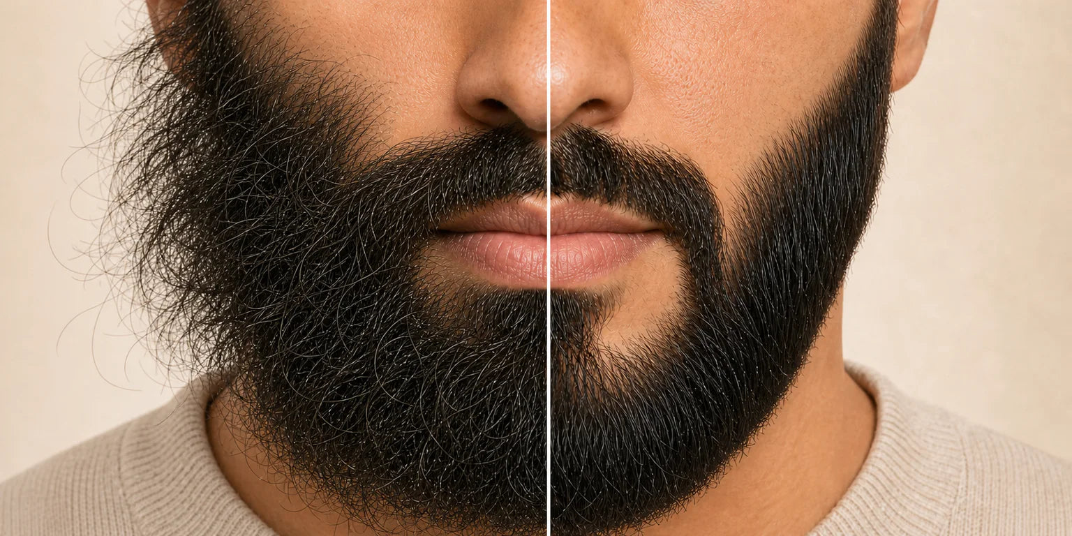Illustrated split comparison: an unruly beard on one side and a more controlled beard on the other