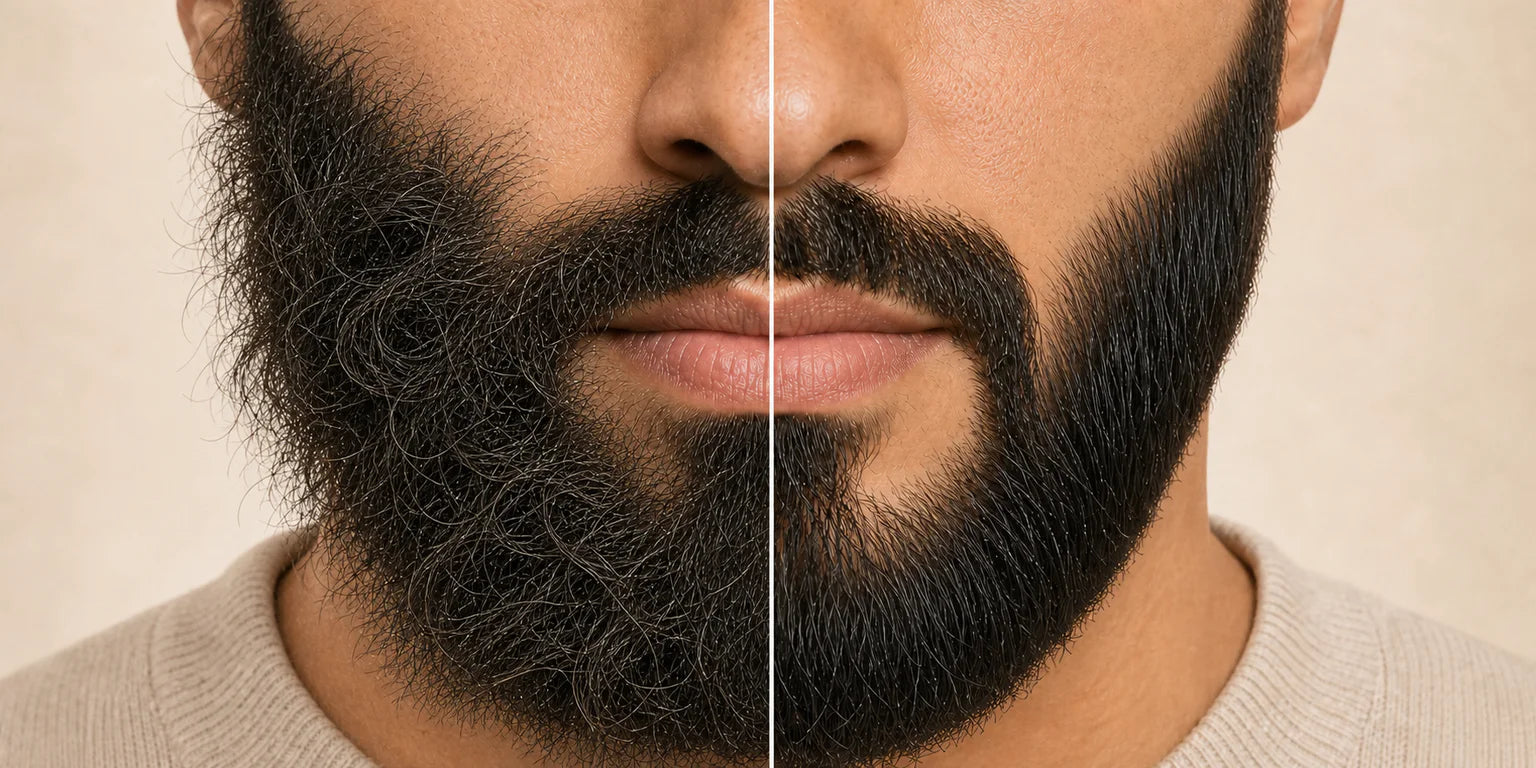 Illustrated split comparison: coarse tangles on one side and a softer, easier-to-manage beard on the other
