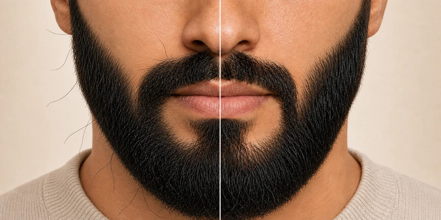 Illustrated split comparison: isolated flyaway hairs on one side and a neater beard shape on the other