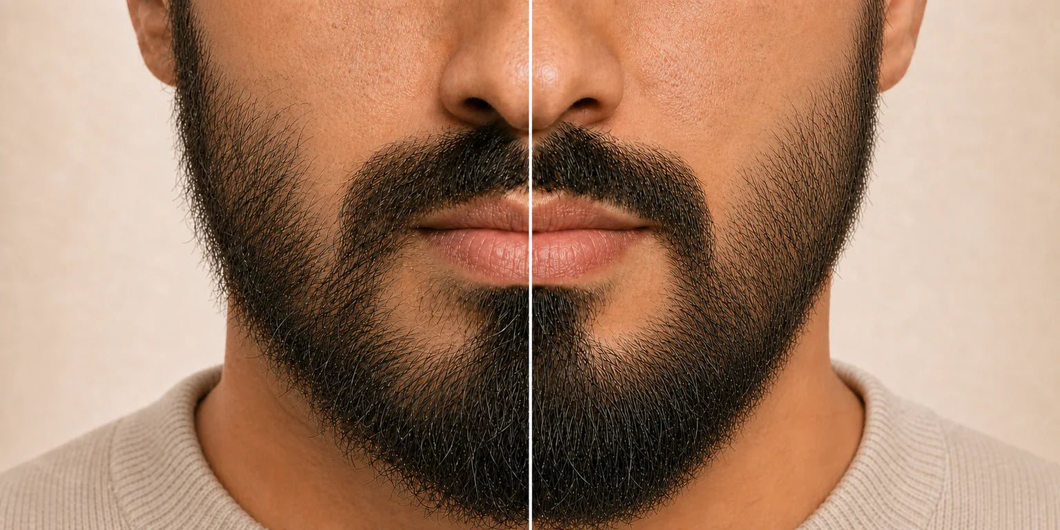 Illustrated split comparison: the same lighter-looking areas on both sides with a difference in beard-hair arrangement
