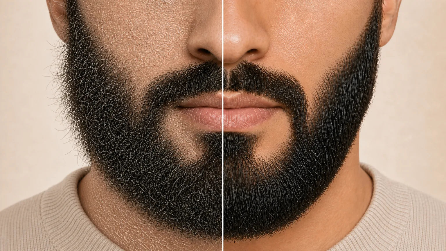 Illustrated split comparison: beard-area skin looks dry and tight on one side and more hydrated and comfortable on the other